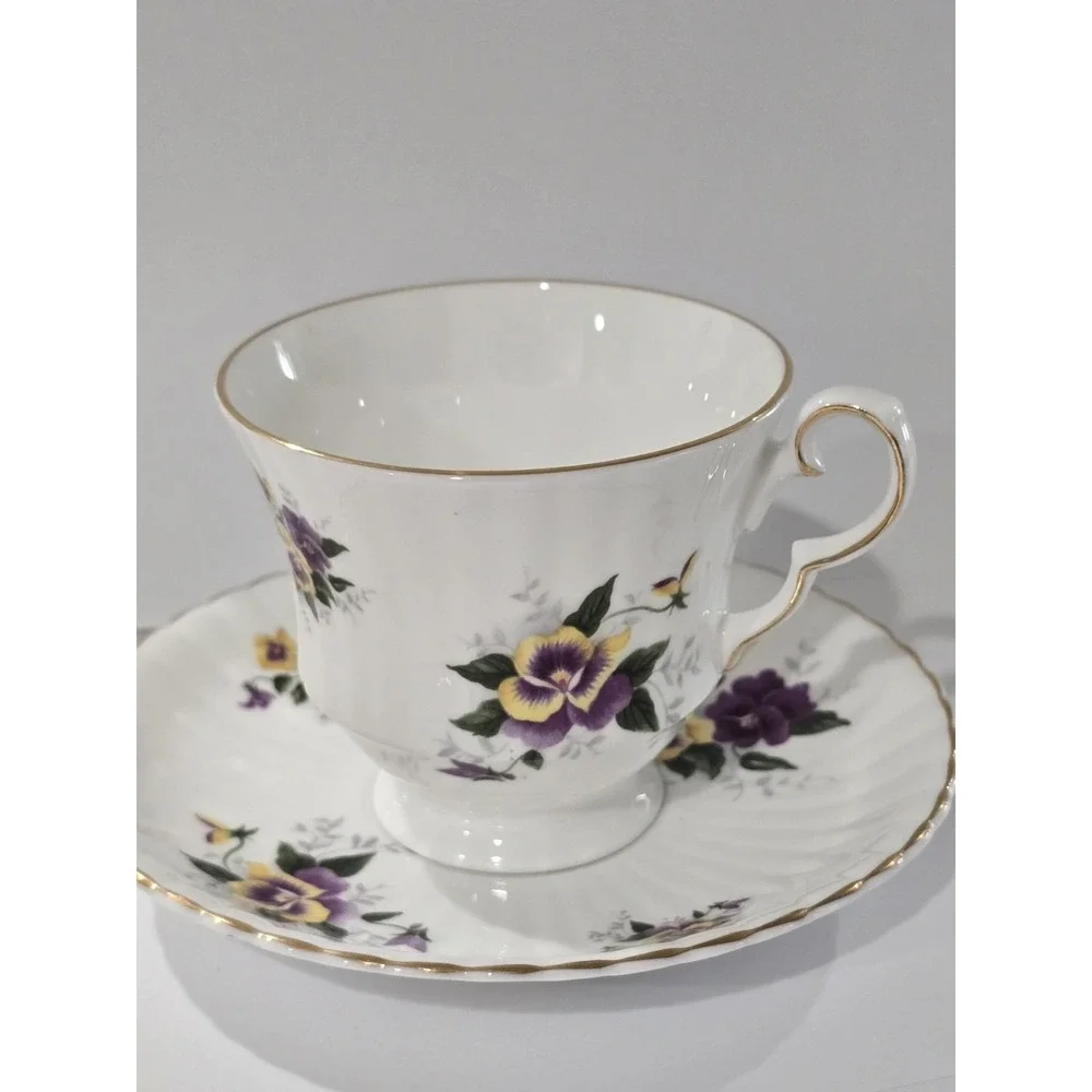 Royal Windsor Fine Bone China Cup and Saucer Set Pansies England Purple Floral